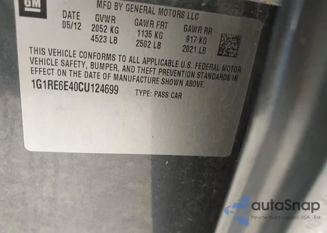 2012 Chevrolet Volt z USA, uszkodzony, nr VIN 1G1RE6E40CU124699
